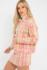 Pink Check Crop Denim Jacket - Dakira