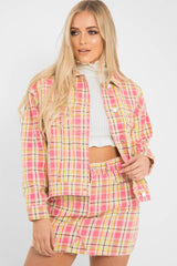 Pink Check Crop Denim Jacket - Dakira