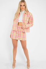 Pink Check Crop Denim Jacket - Dakira