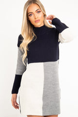 Navy Grey and Cream Knit Jumper Dress - Taila