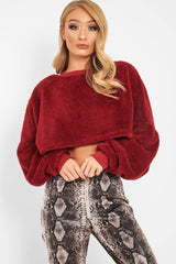 Wine Fluffy Long Sleeve Crop Jumper - Noura