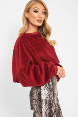 Wine Fluffy Long Sleeve Crop Jumper - Noura