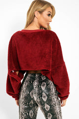 Wine Fluffy Long Sleeve Crop Jumper - Noura
