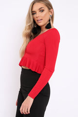 Red Ruched Front Ribbed Crop Top with Frill Hem - Samantha