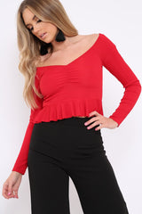 Red Ruched Front Ribbed Crop Top with Frill Hem - Samantha