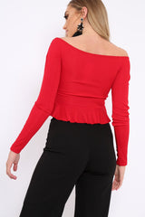 Red Ruched Front Ribbed Crop Top with Frill Hem - Samantha