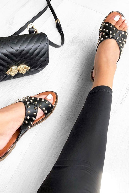 Black Gold Studded Backless Sliders - Bralee