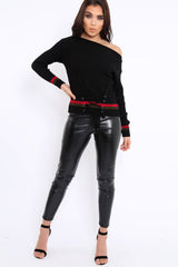 Black Bardot Jumper with Stripe and Corset Tie Detail - Sandie