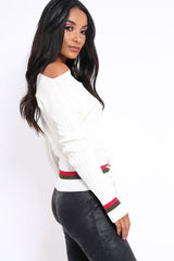 White Bardot Jumper with Stripe and Corset Tie Detail - Sandie