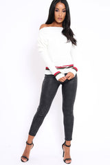 White Bardot Jumper with Stripe and Corset Tie Detail - Sandie