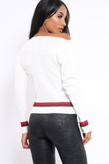 White Bardot Jumper with Stripe and Corset Tie Detail - Sandie
