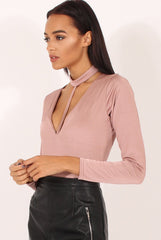Mauve Harness Choker Long Sleeve Bodysuit - Sandra