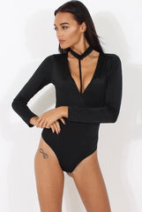 Black Harness Choker Long Sleeve Bodysuit - Sandra