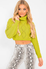 Lime Green High Neck Cropped Cable Knit Jumper - Sandria
