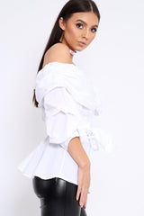 White Bardot Ruched Frill Top with Waist Tie Detailing - Sarina