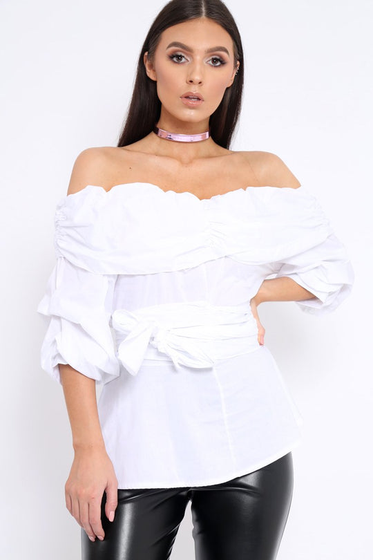 White Bardot Ruched Frill Top with Waist Tie Detailing - Sarina