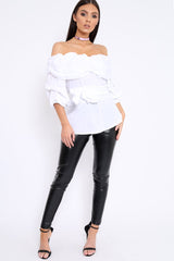 White Bardot Ruched Frill Top with Waist Tie Detailing - Sarina