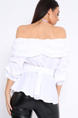 White Bardot Ruched Frill Top with Waist Tie Detailing - Sarina