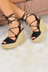 Black Faux Suede Lace Up Metallic Wedges - Sannie