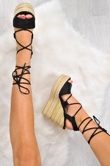 Black Faux Suede Lace Up Metallic Wedges - Sannie