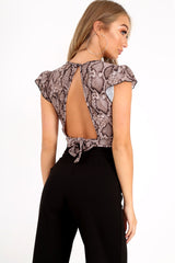 Beige Snake Print Plunge Frill Tie Back Top - Sanya