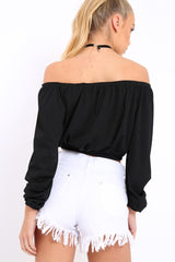 Black Ribbed Lace Up Bardot Crop Top - Sara