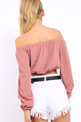 Rose Ribbed Lace Up Bardot Crop Top - Sara