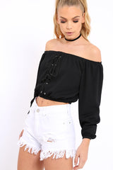 Black Ribbed Lace Up Bardot Crop Top - Sara