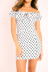 White Black Polka Bardot Milkmaid Dress - Roya