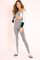 Grey Colour Block Bardot Crop Legging Co-ord - Sheyla