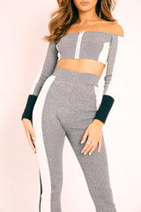 Grey Colour Block Bardot Crop Legging Co-ord - Sheyla