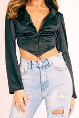Black Satin Corset Detail Plunge Blouse - Myha