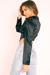 Black Satin Corset Detail Plunge Blouse - Myha