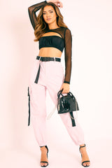 Black Mesh Sleeve Cut Out Tie Back Crop Top - Layna