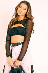 Black Mesh Sleeve Cut Out Tie Back Crop Top - Layna