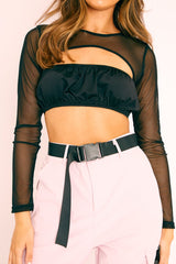 Black Mesh Sleeve Cut Out Tie Back Crop Top - Layna
