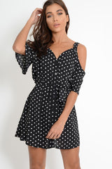 Black Polka Dot Cold Shoulder Dress - Sarabella