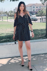 Black Polka Dot Cold Shoulder Dress - Sarabella