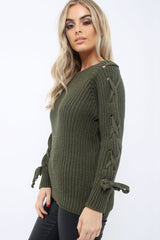 Khaki Chunky Knit Lace Up Sleeve Jumper - Sarah