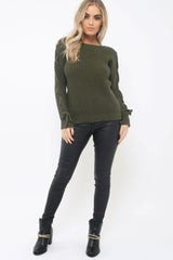 Khaki Chunky Knit Lace Up Sleeve Jumper - Sarah