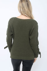 Khaki Chunky Knit Lace Up Sleeve Jumper - Sarah