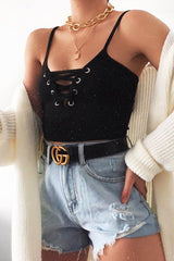 Black Lace Up Ribbed Crop top - Prisha