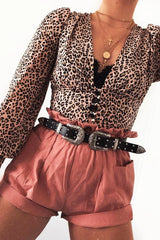 Pink Leopard Print Plunge Button Blouse - Polly