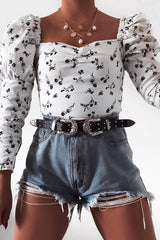White Black Floral Puff Sleeve Zip Back Crop Top - Carie