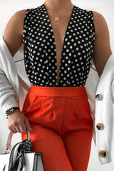 Black Polka Dot Plunge Cross Back Bodysuit - Nadiyah