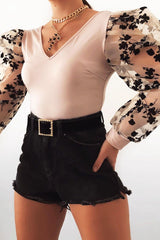 Nude Plunge Black Floral Sheer Puff Sleeves Bodysuit - Zoiey