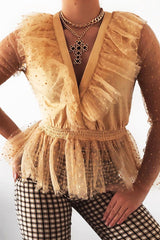 Nude Plunge Tulle Ruffle Mesh Polka Sleeves Top - Dalis