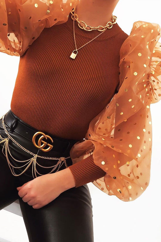 Tan Gold Polka Extreme Puff Mesh Sleeve Top - Daisey