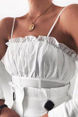 White Ruffle Front Strappy Crop Top - Aaloni