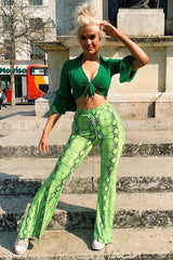 Neon Green Snake Print Flared Trousers - Mianna